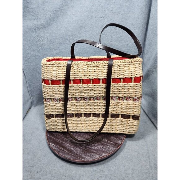 Woven Straw Tote Bag With Floral Accents & Red Lining - Picture 12 of 14